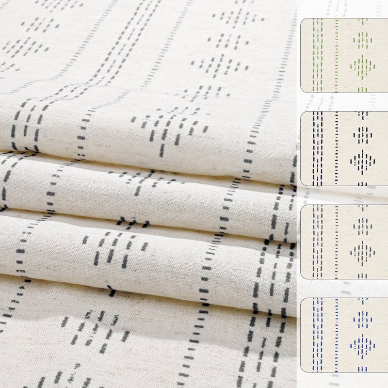 Boho Farmhouse Linen Curtains with Geometric Stripes - Light Filtering Window Drapes, 2 Panels