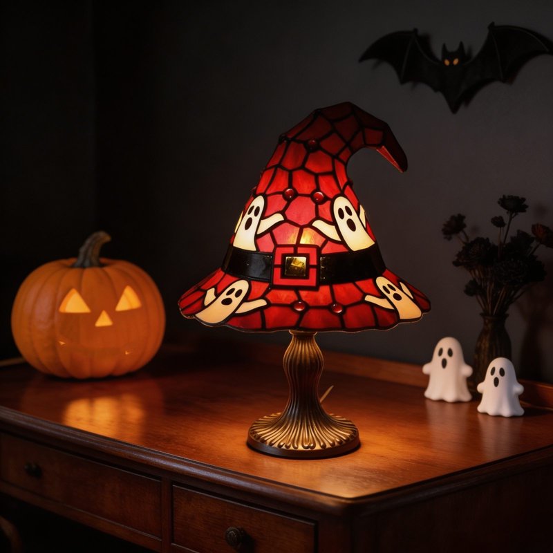 Halloween Witch Hat Lamp with Ghost Accents - Stained Glass Night Light for Halloween Decor