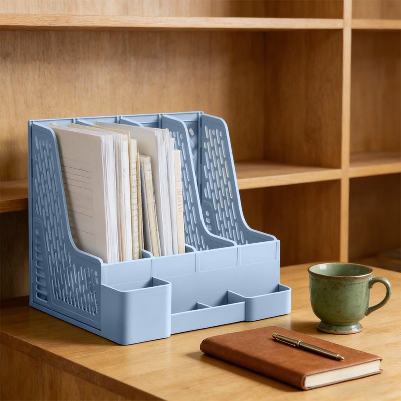 Multi-Compartment Desk File Organizer with Detachable Pen Holders - Plastic Storage Rack for Office and Home