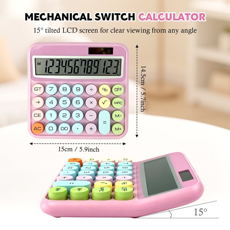 Mechanical Switch Calculator with Big Buttons - Pink Kids Desktop Calculator for School & Office