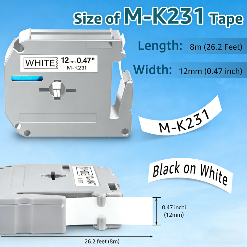 12mm Matte Black-on-White Label Tape for Brother PTouch Label Makers - Compatible M-K231S