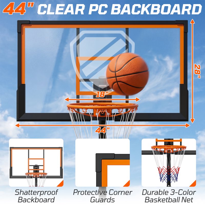 Portable Basketball Hoop with Rebound Plate, Adjustable Height 5.25-10FT, 44-Inch Backboard, Outdoor