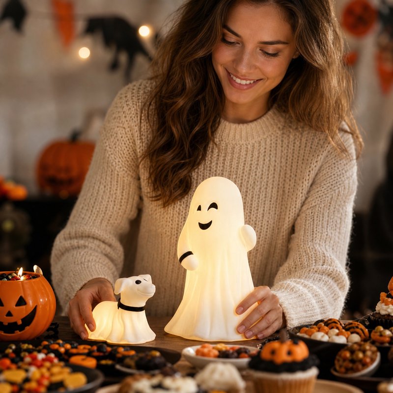 Halloween Ghost with Dog Night Light - Cute LED Desk Lamp for Indoor Outdoor Decor