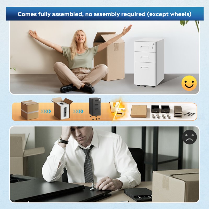 Metal File Cabinet with Lock & Mobile Wheels - 3 Drawer Office Storage