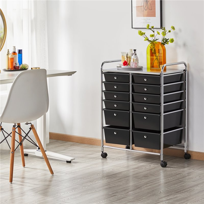12-Drawer Mobile Storage Cart with Lockable Wheels, Steel Home Office Organizer