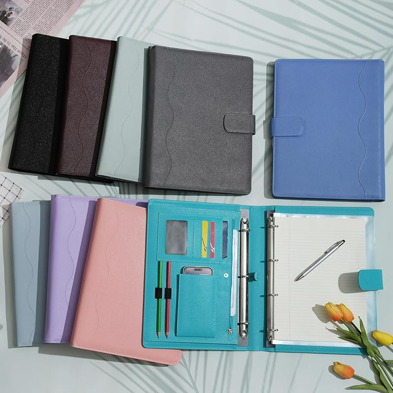 A4 Leather Portfolio Folder with Removable Binder & Multiple Pockets for Office Travel School
