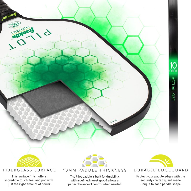 Pilot Pickleball Paddle - 10mm Polypropylene Core USAPA Approved (White/Green) Lightweight
