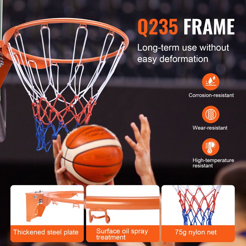 Heavy Duty Wall-Mounted Basketball Rim 18 Inch Indoor Outdoor Hoop with Net