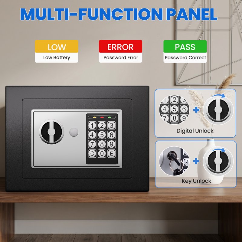 Mini Digital Safe Box with Keypad and Emergency Key, 0.23 Cub for Jewelry Cash & Valuables