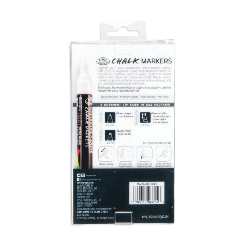 White Chalk Markers Set with Variable Tips - 3 Pack for Art & Craft