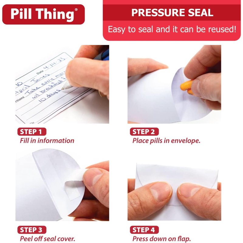 Pill Organizer Envelopes with Peel & Seal Closure - Reusable Medication Storage, 3.5 x 2.5 Inches, Pack of 100