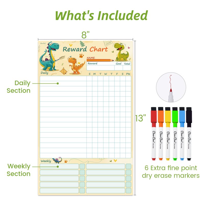 Dinosaur Themed Dry Erase Chore Chart Whiteboard with 6 Markers - Reusable Kids Reward System