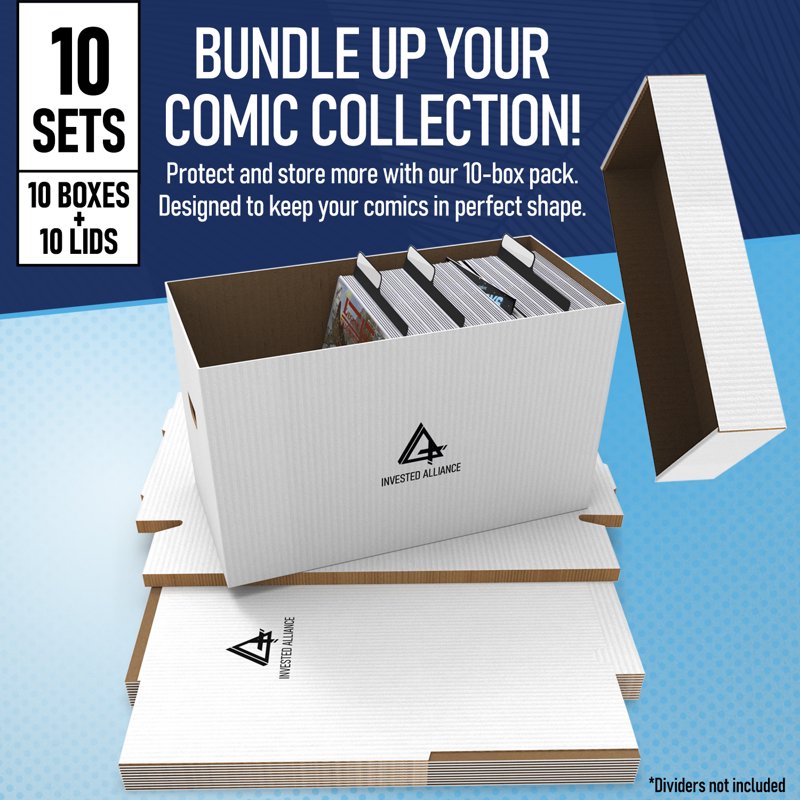 10 Pack Premium Short Comic Book Storage Boxes with Lids – White Cardboard 150-175 Books