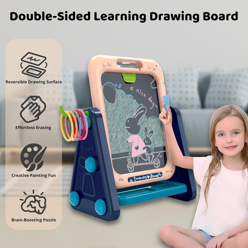 Kids Art Easel 4-in-1 Double Sided Toddler Drawing Whiteboard & Chalkboard with Ring Toss Game