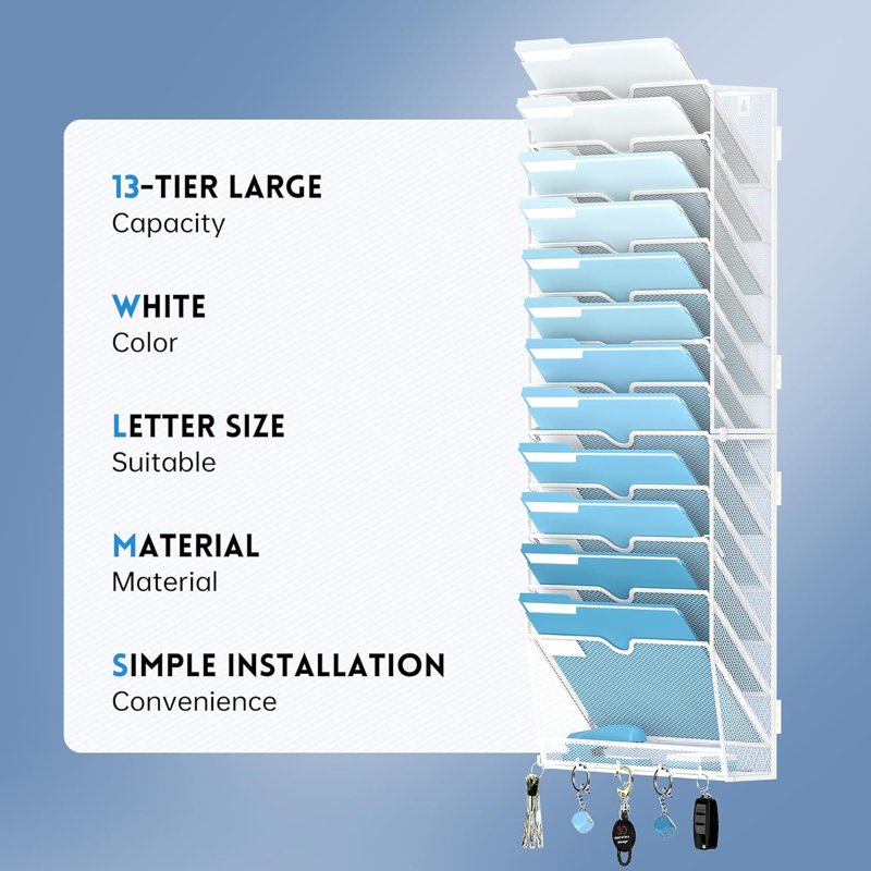 13-Tier Metal Wall File Organizer with Hooks - Office Paper & Magazine Storage