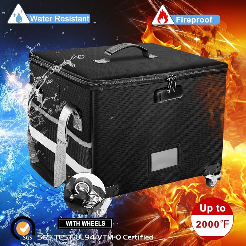 Fireproof Document Box with Wheels Lockable Portable Safe for Home Office