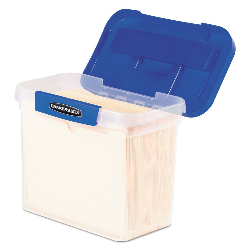 Heavy Duty Plastic File Storage Box with Handle and Lid - 14.25 x 8.5 x 11 inches, Clear/Blue