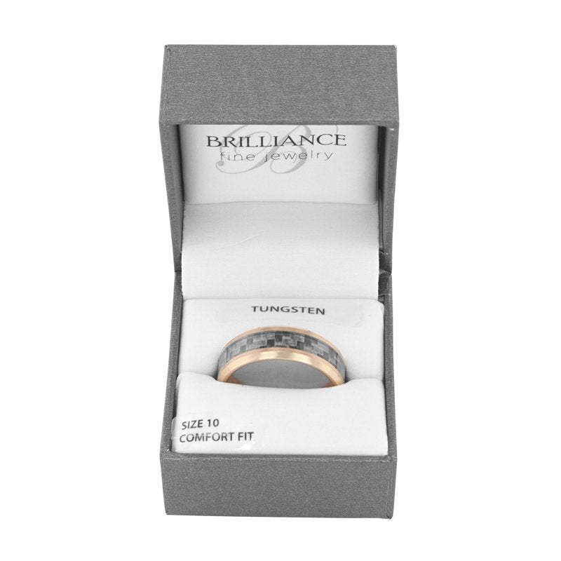 Men's Rose Gold Tungsten Wedding Ring with Carbon Fiber Inlay - Beveled Band