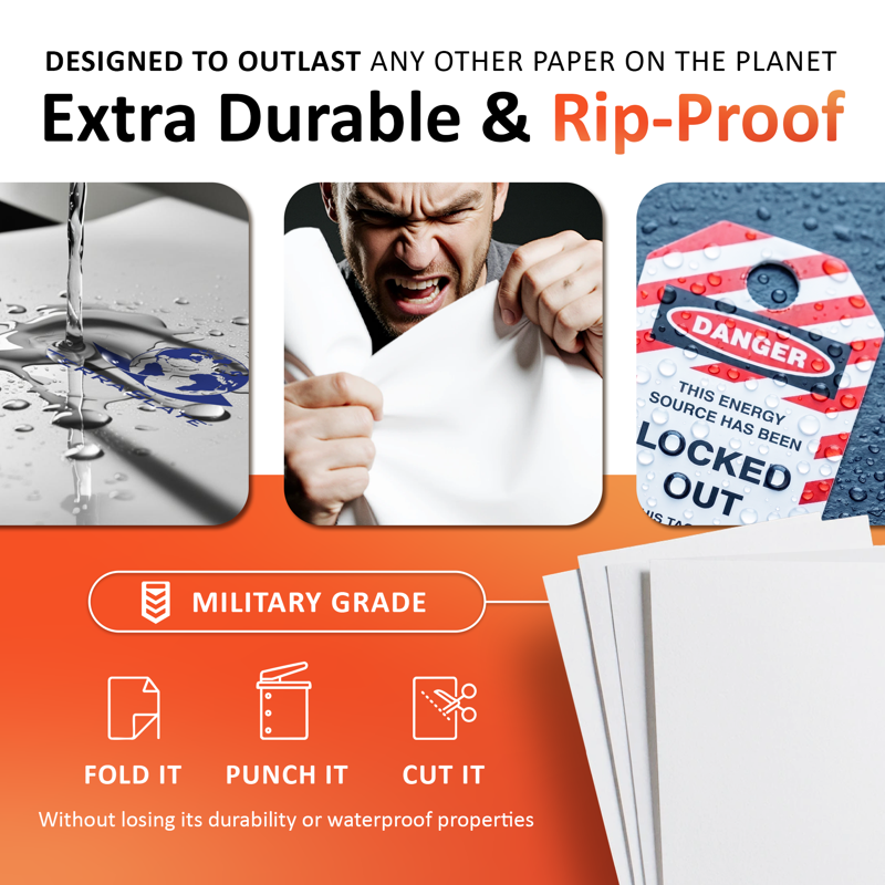 Waterproof Laser Printer Paper - 8 Mil 80lb Cover, 11x17 Tabloid, 25 Sheets