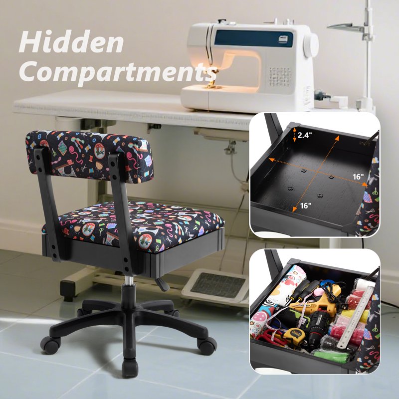 Adjustable Height Sewing Chair with Wheels & Under Seat Storage - Craft Room Furniture