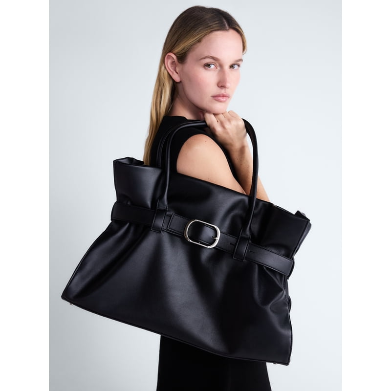 Women's Faux Leather Tote Bag with Buckle - Stylish and Spacious Handbag