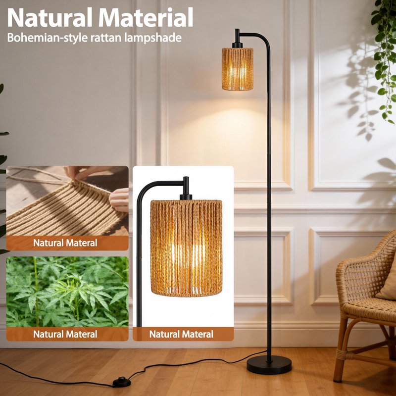 66-Inch Rattan Floor Lamp with Remote Control, Dimmable & Adjustable Color Temperature