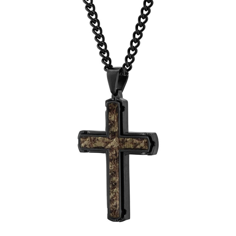 Men's Black Stainless Steel Camo Cross Pendant Necklace 24 Inch
