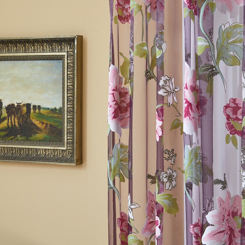 Sheer Floral Curtains 96 Inch Length - Purple & Pink Window Drapes