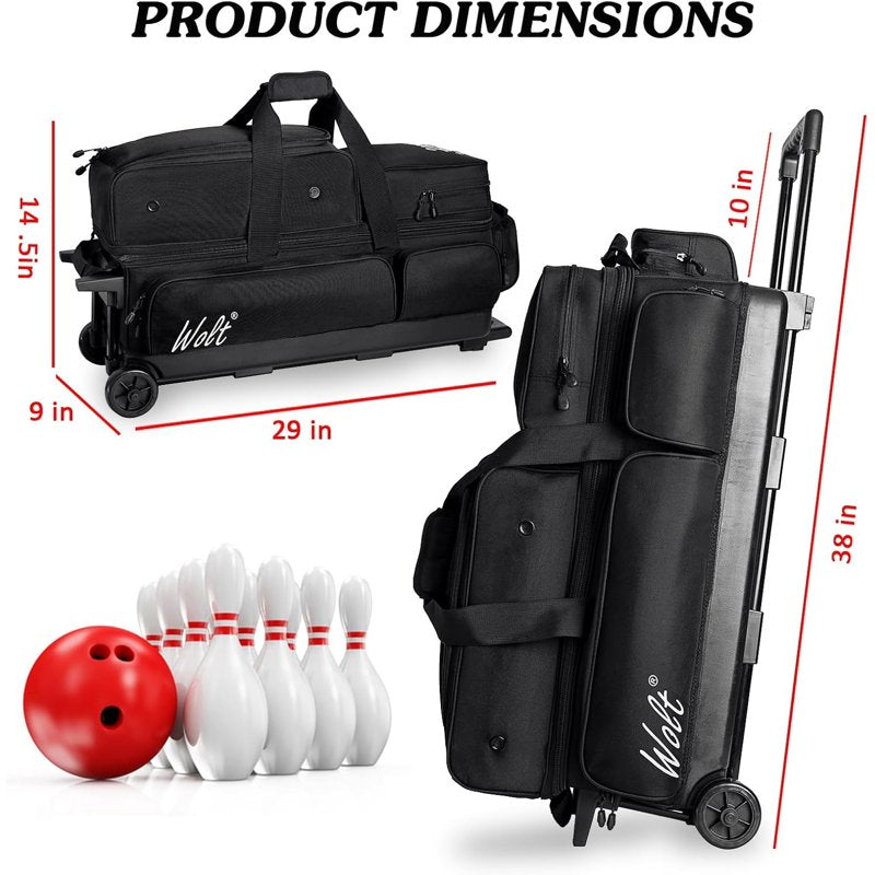 Bowling Ball Bag with Wheels 3-Ball Capacity, Shoe Compartment & Accessory Pocket, Retractable Handle