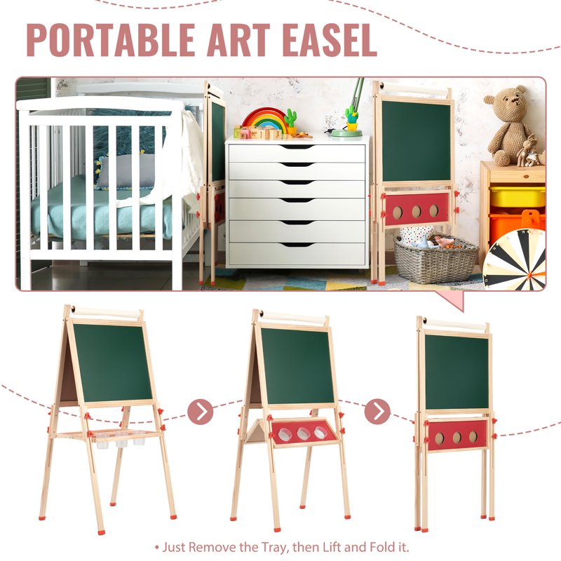 Adjustable Wooden Kids Art Easel with Paper Roll & Magnetic Whiteboard for Toddlers