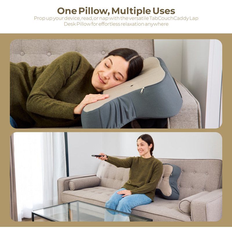 Gray 27-Inch Oversized Lap Desk Pillow with Cup Holder & Storage