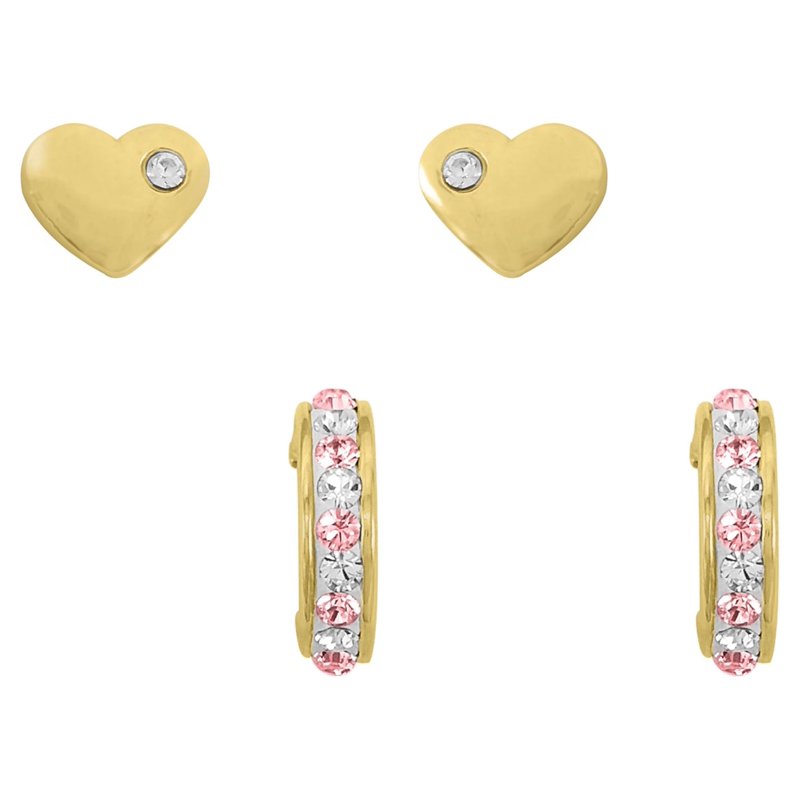 Children's Crystal Heart Earrings Set - Gold Plated Sterling Silver & Hoop Studs