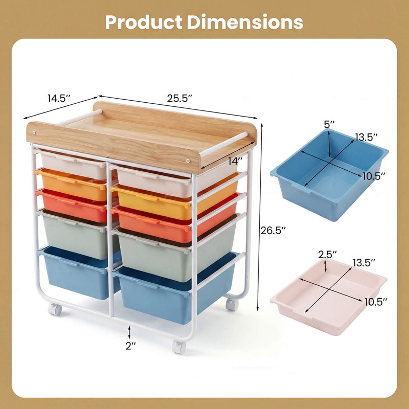 10-Drawer Rolling Storage Cart with Wooden Top and Lockable Wheels - Art & Craft Organizer