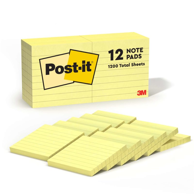 3M Post-It Lined Sticky Notes 3x3 Inches Canary Yellow Pack of 12