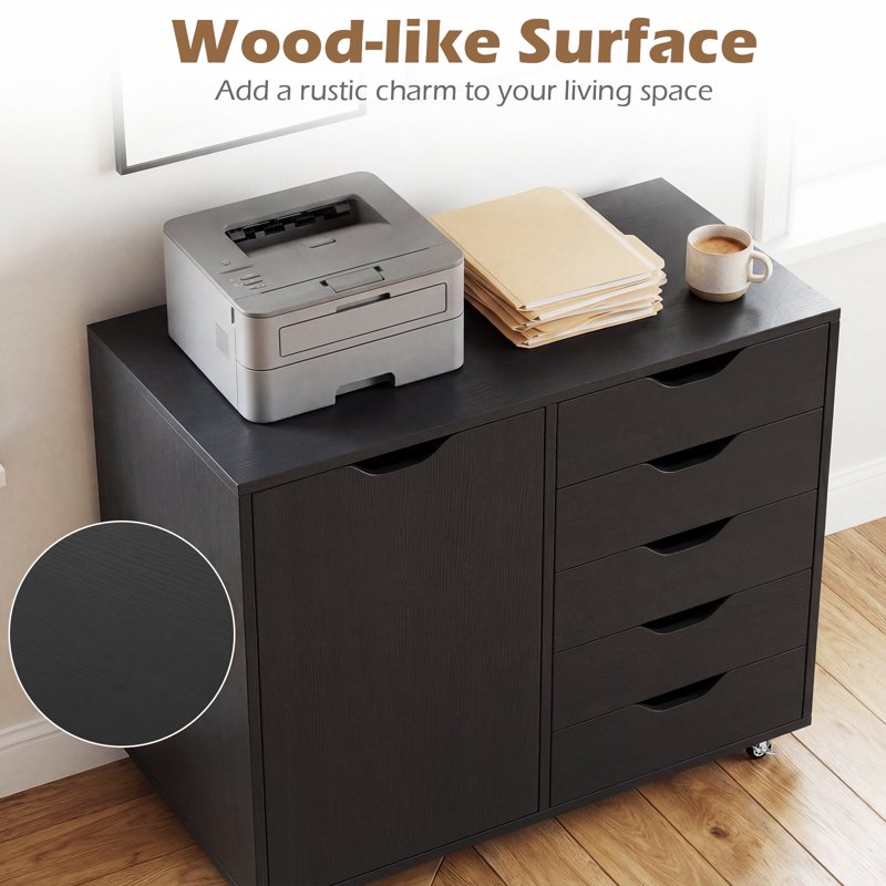5-Drawer File Cabinet with Door and Adjustable Shelf - Rolling Home Office Storage