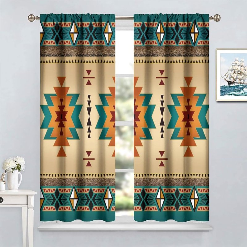 Southwestern Aztec Curtain Set - Geometric Boho Window Drapes for Living Room & Bedroom