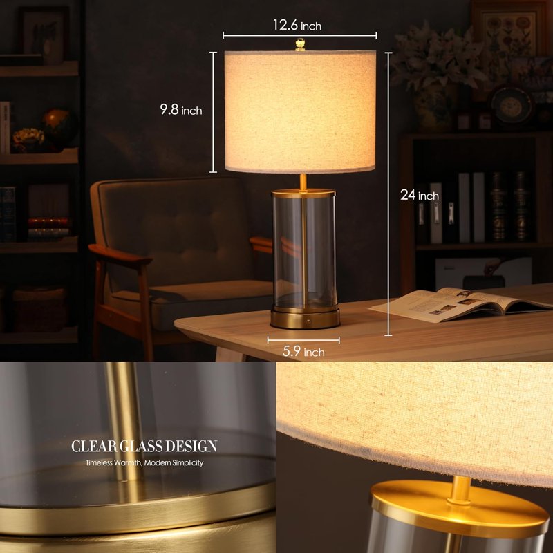 Cordless Battery-Powered Table Lamp with Touch Dimming - 24 Inch Glass Bedside Lamp