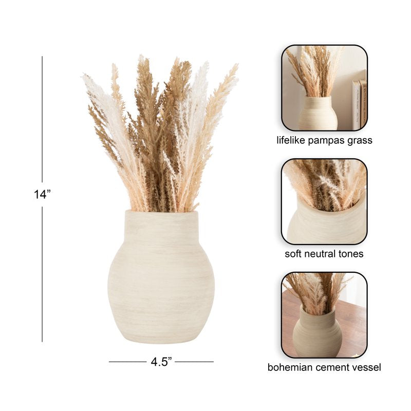 Artificial Pampas Grass Arrangement in Cement Vase - Indoor Decor