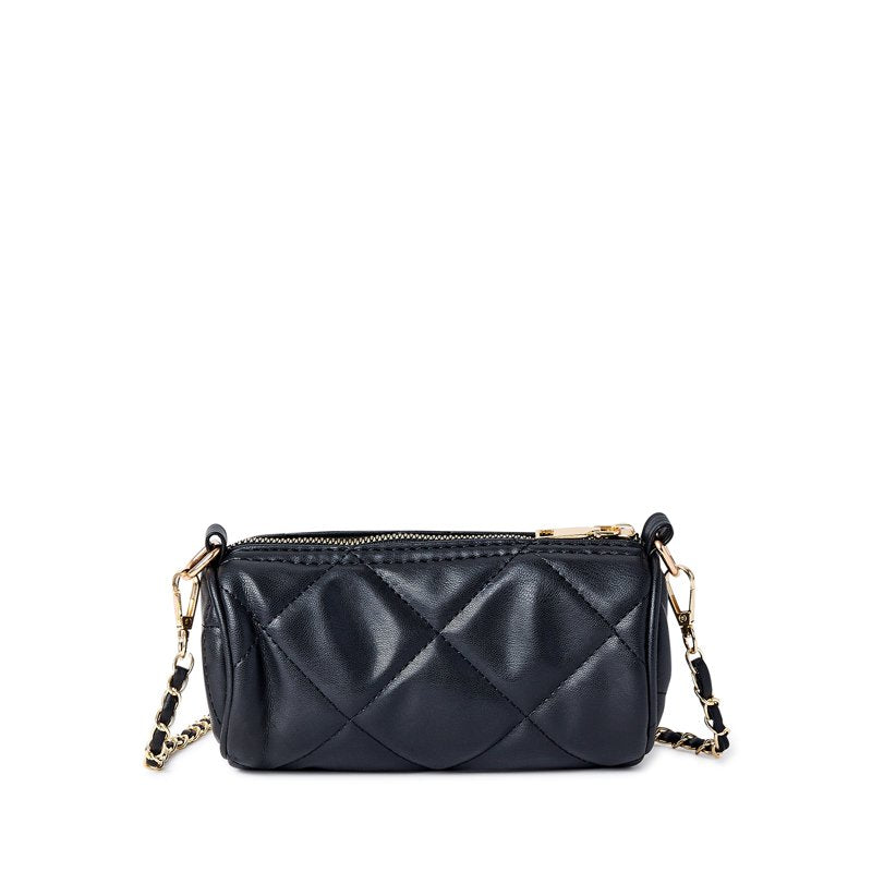 Small Quilted Faux Leather Barrel Bag with Gold Chain Strap - Black