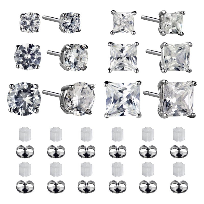 Sterling Silver Simulated Diamond Earring Set - Round & Square Studs, Multiple Sizes