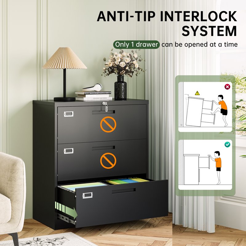 Lockable Metal Lateral File Cabinet with 3 Drawers for Office & Home
