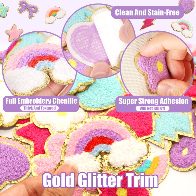 Self-Adhesive Chenille Patches Set of 58 - Rainbow, Heart, Star & Flower Embroidered Stickers for Clothing & DIY Decor