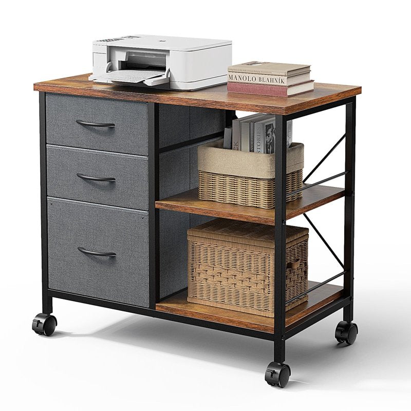 Rolling File Cabinet with Adjustable Shelves 3 Fabric Drawers Lockable Wheels