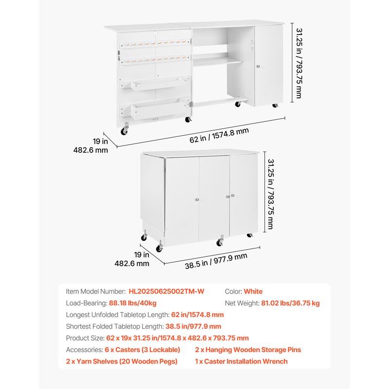 Foldable Sewing Table with Storage Cabinet and Wheels - Craft Workspace
