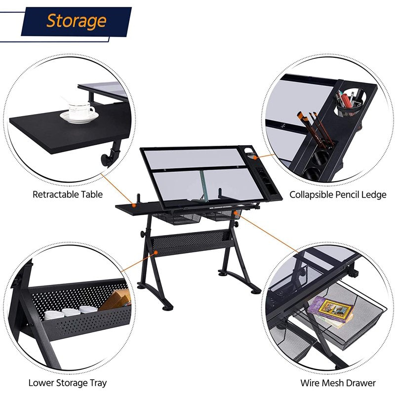 Adjustable Drafting Table with Stool and Storage Drawers - Art Craft Workstation