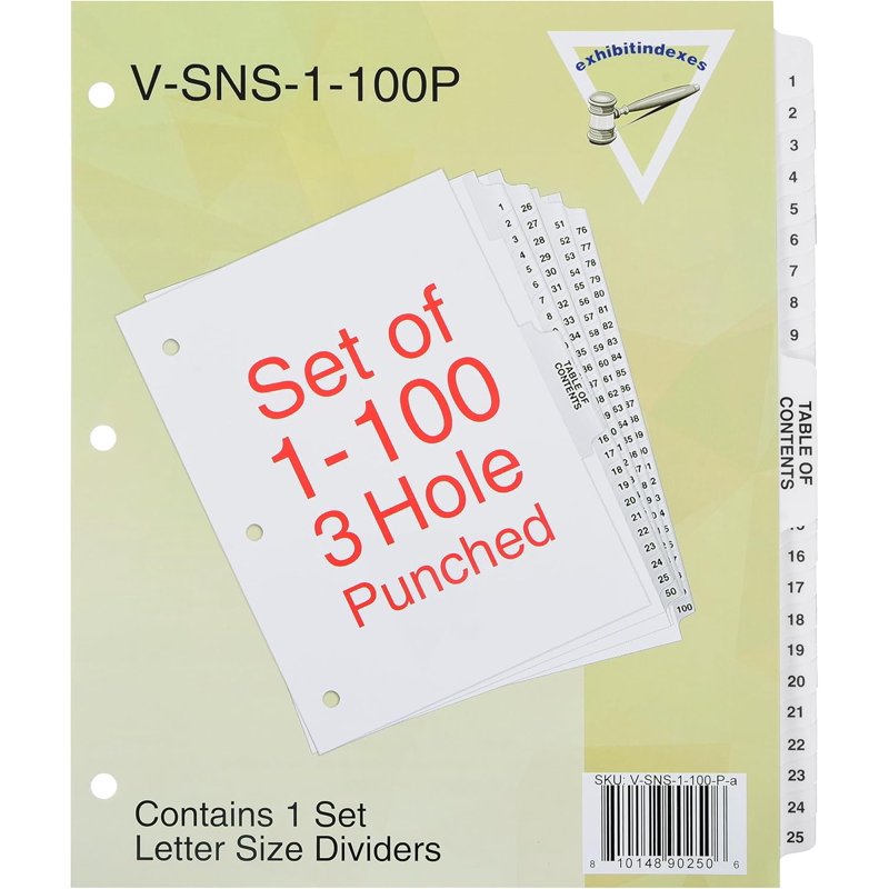 Numbered Document Dividers 1-100 with Laminated Tabs for Filing