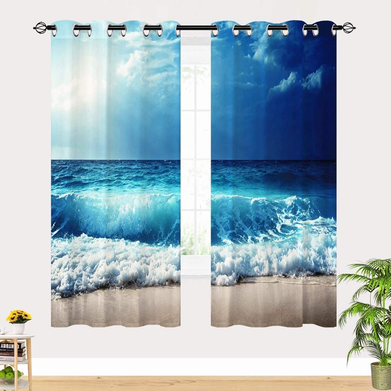 Beach Theme Window Curtains - Ocean Tropical Sea Waves Print Waterproof Grommet Drapes