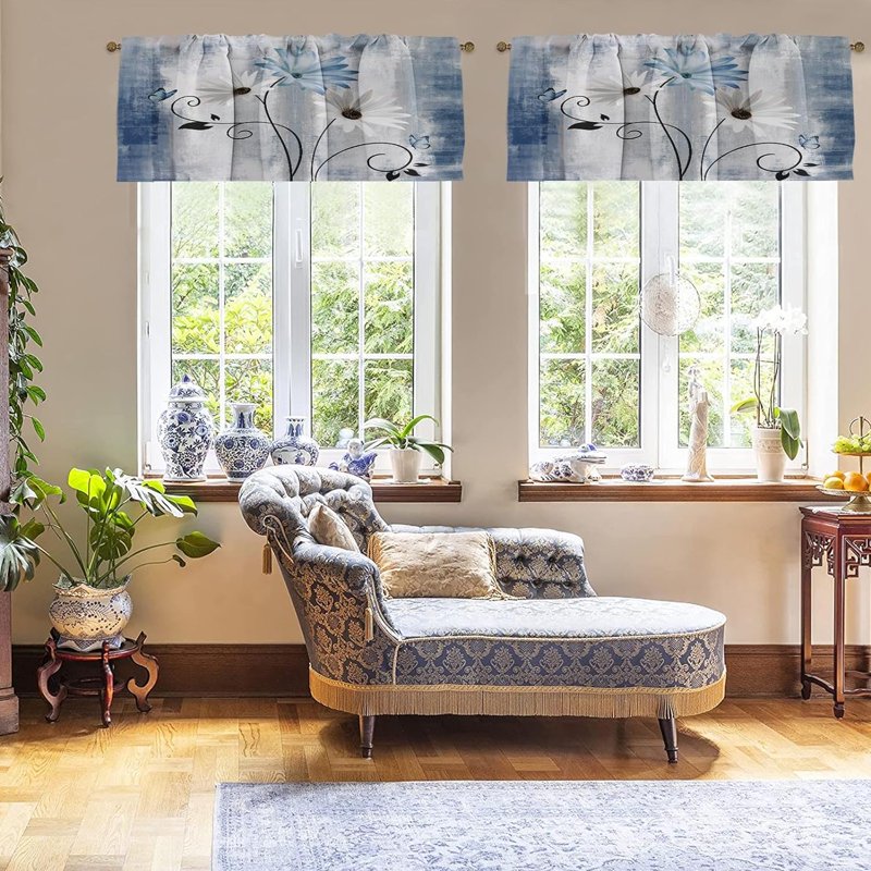 Farmhouse Style Window Valances 2 Pack - Blue Daisy Flowers & Butterfly Decor