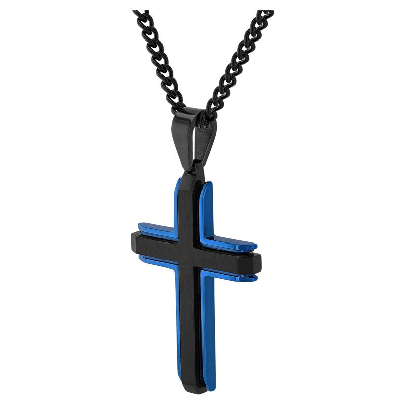 Men's Black and Blue Stainless Steel Cross Pendant Necklace - 24 Inch Chain