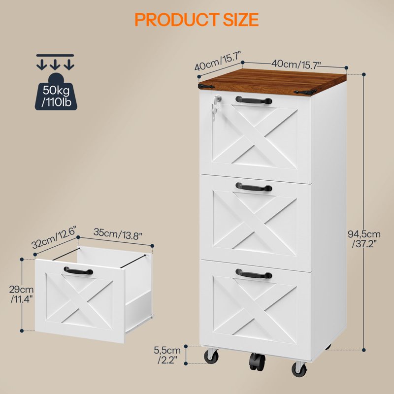 Farmhouse Mobile File Cabinet with Lock & Printer Stand - White & Walnut